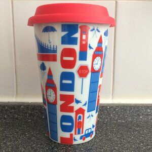 London UK Travel Mug Tumbler White Red Blue City Print Silicon Lid Porcelain